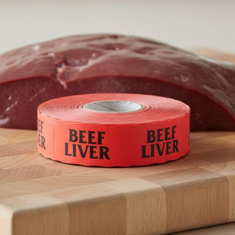 540009-Beef-Liver-Label-Stickers-Butcher-Beef-Sticker beef liver sticker on a red label with black print