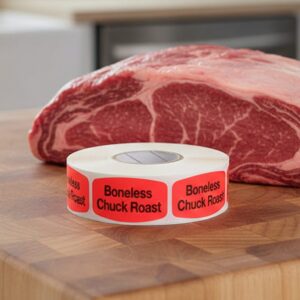 boneless chuck roast sticker on a red label with black print
