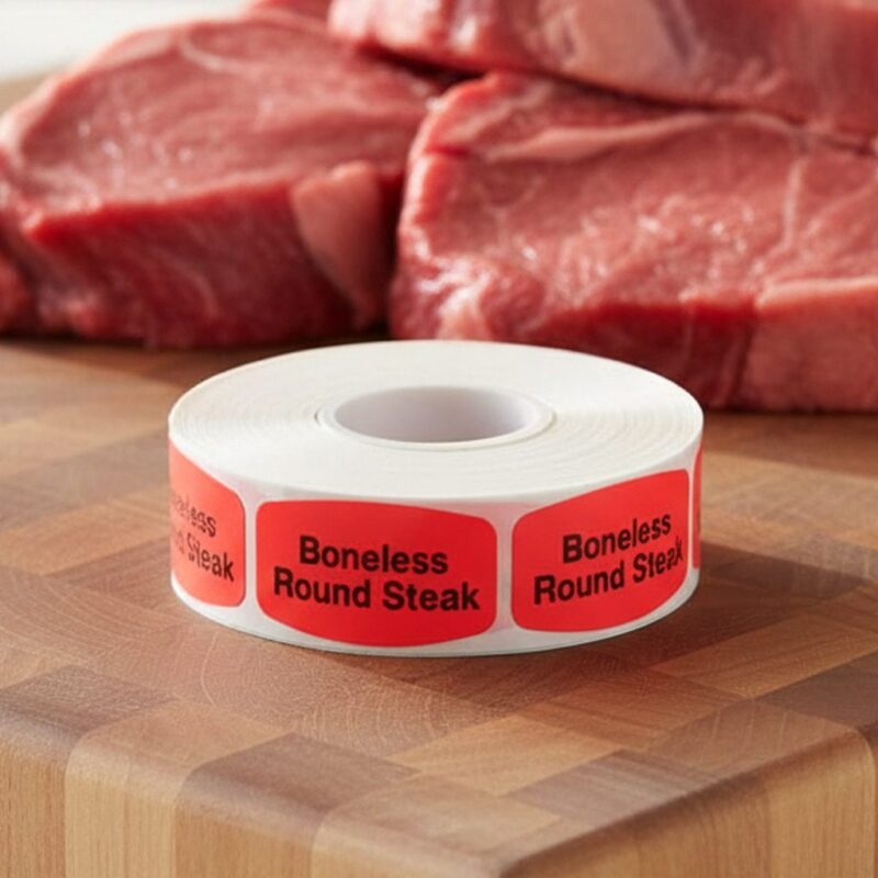 boneless round steak sticker on a red label with black print