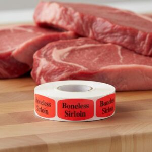 boneless sirloin sticker on a red label with black print