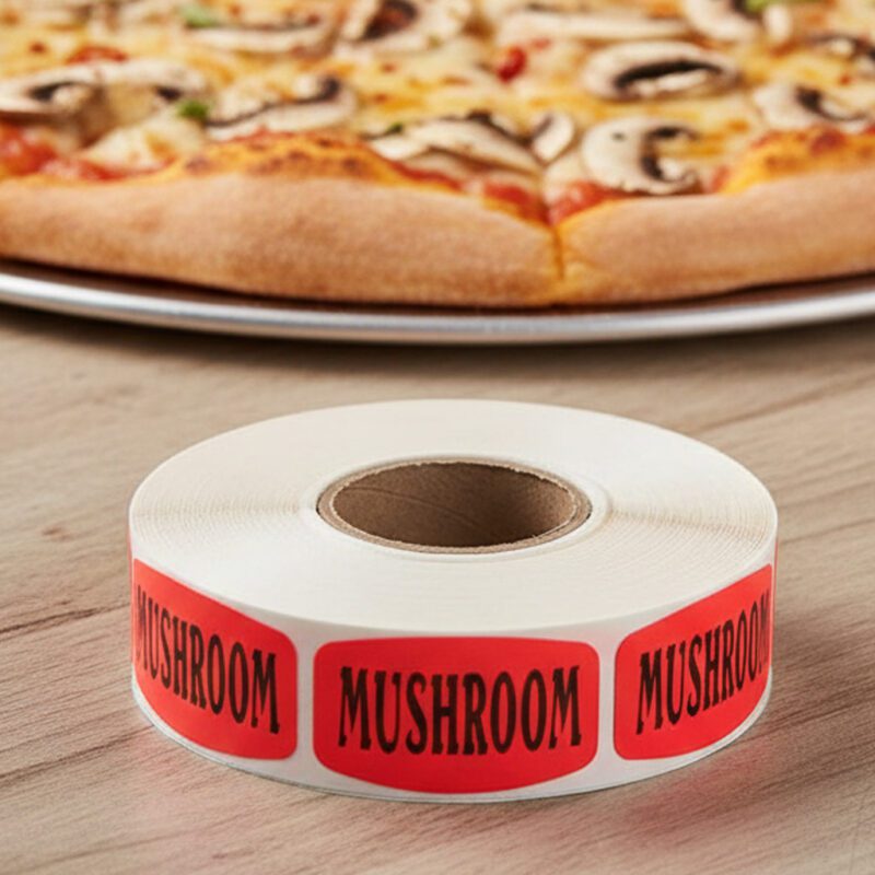 540018-Mushroom-Deli-Label-Stickers Mushroom sticker on a red label with black print