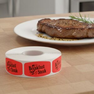breakfast steak sticker on a red label with black print