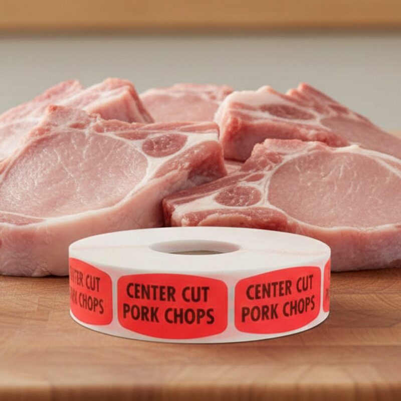 540028-Center-Cut-Pork-Chops-Label center cut pork chops sticker on a red label with black print
