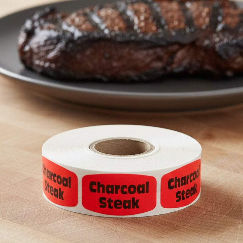 540029-Charcoal-Steak-Label charcoal steak sticker on a red label with black print