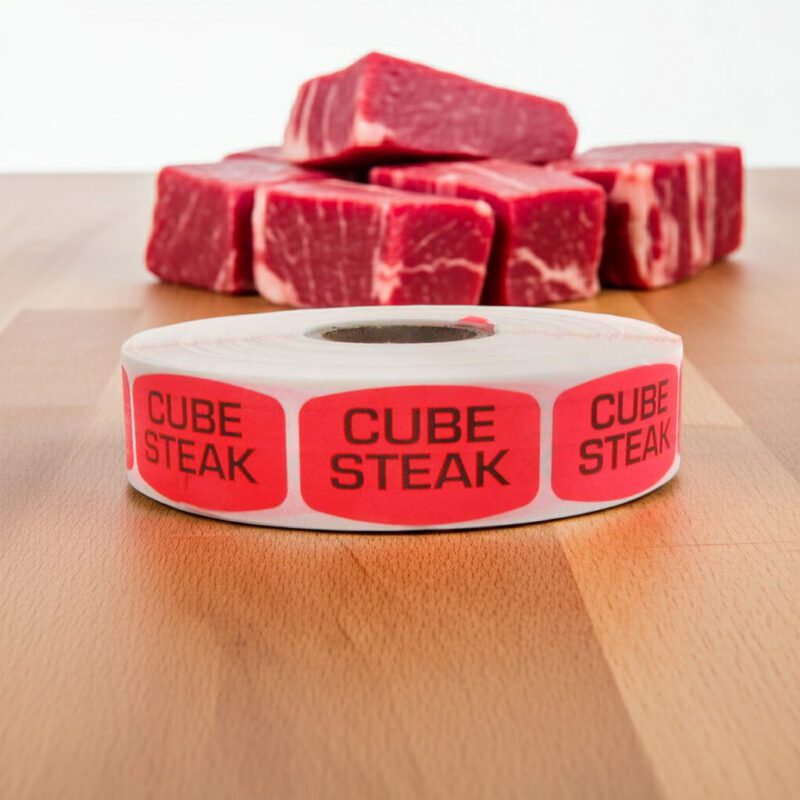 540040-Cube-Steak-Label cube steak sticker on a red label with black print
