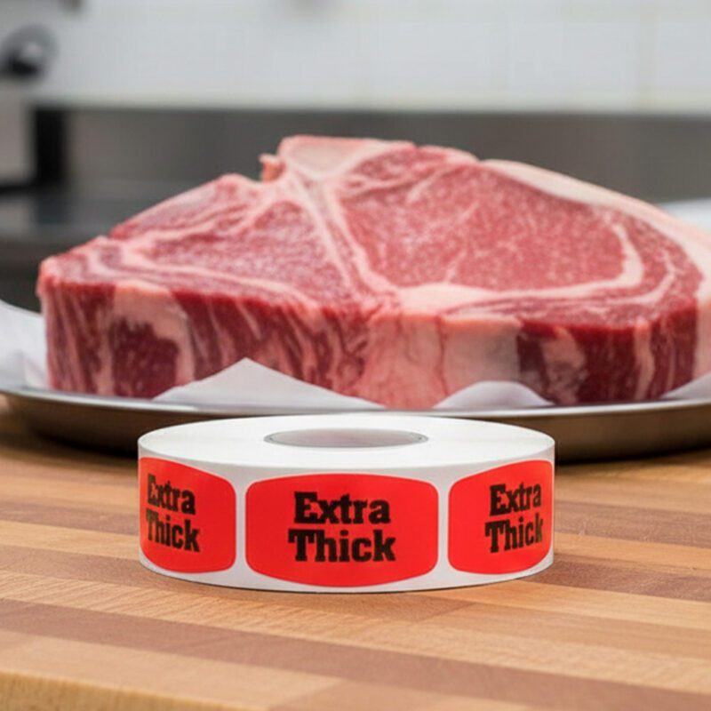 540046-Extra-Thick-Label-Butcher-Sticker Extra thick sticker on a red label with black print