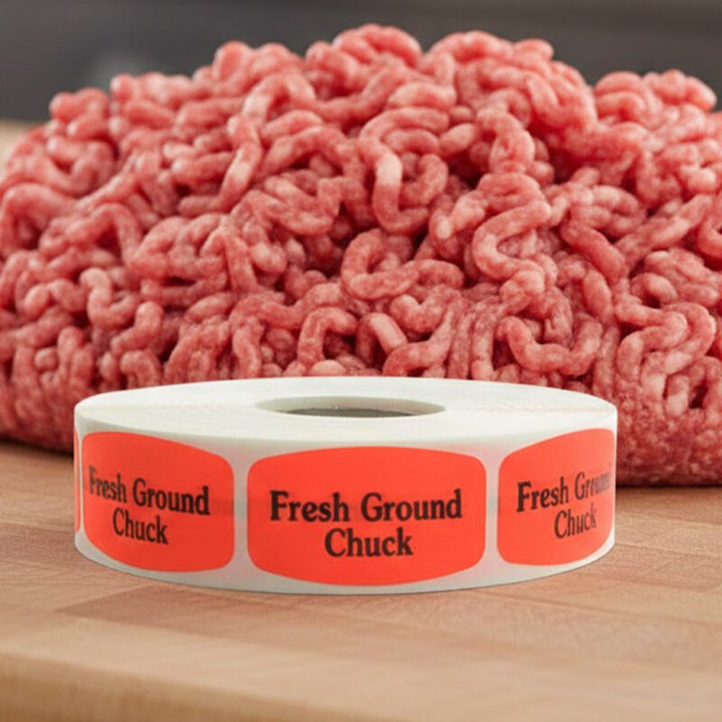 fresh ground chuck sticker on a red label with black print
