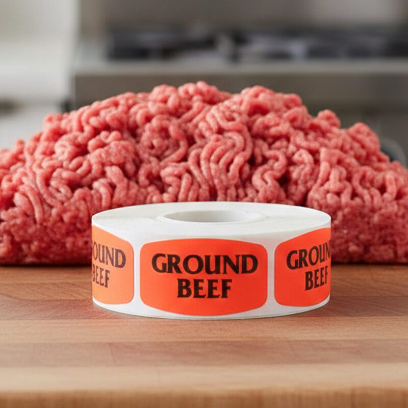 ground beef sticker on a red label with black print