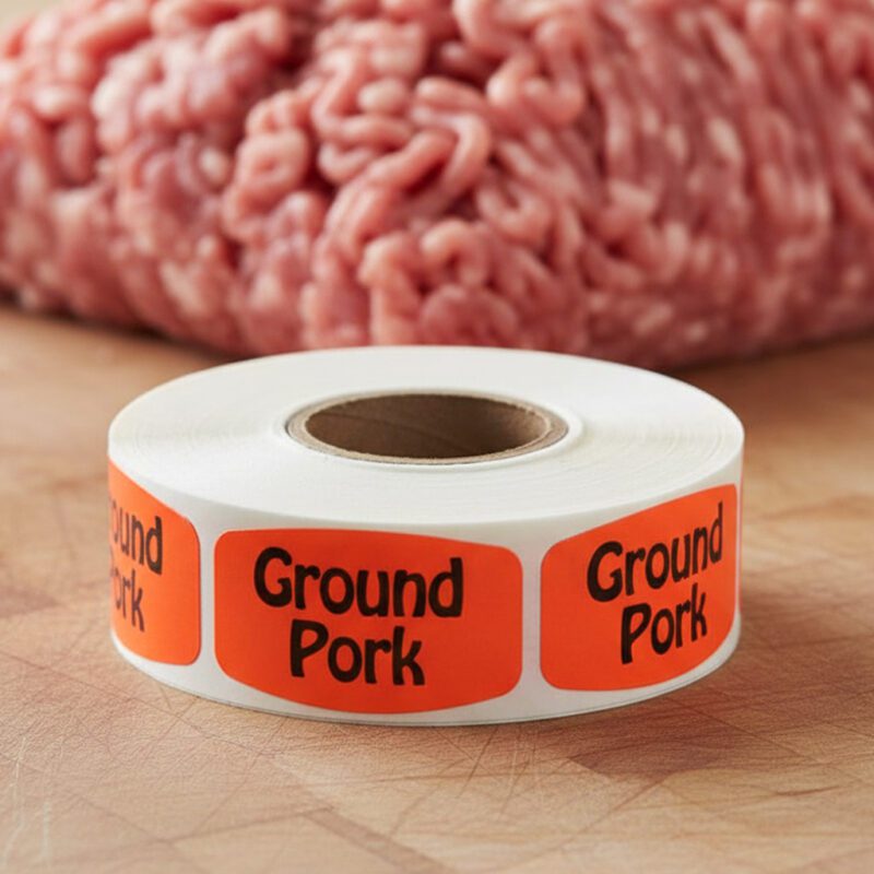 540057-Ground-Pork-Label ground pork sticker on a red label with black print