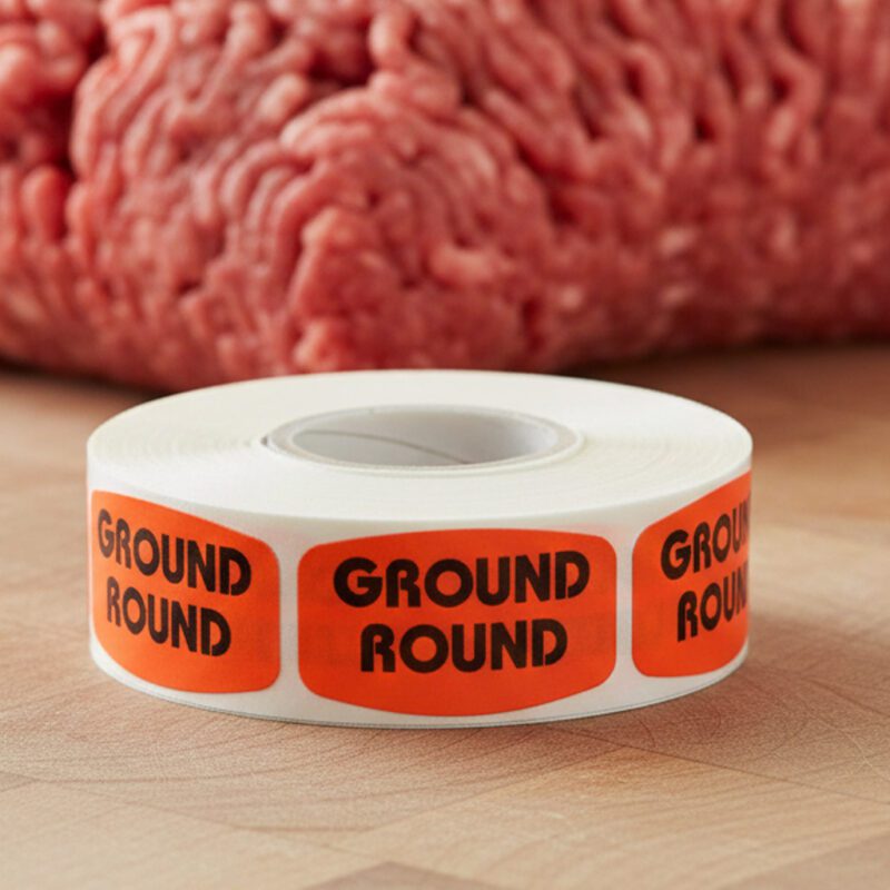 540058-Ground-Round-Label ground round sticker on a red label with black print