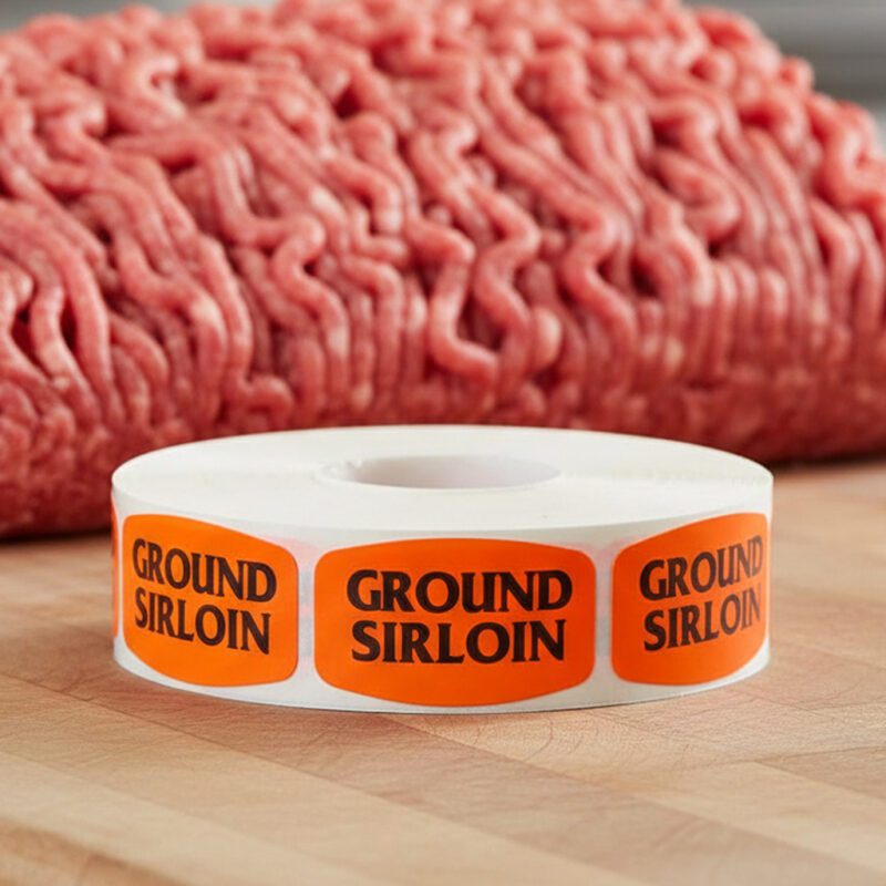 540059-Ground-Sirloin-Label ground sirloin sticker on a red label with black print