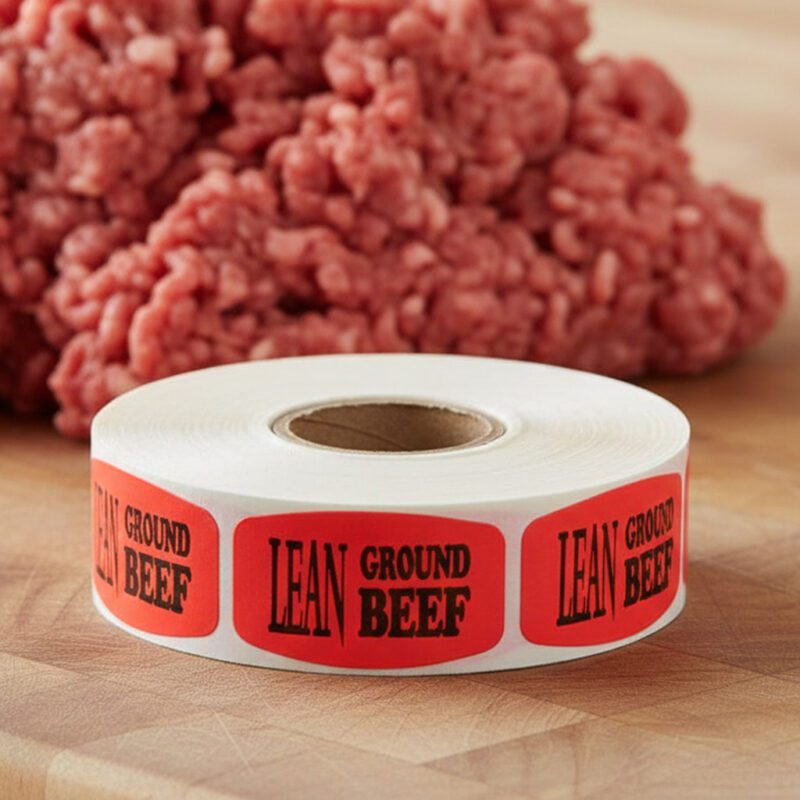 540065-Lean-Ground-Beef-Label3 lean ground beef sticker on a red label with black print