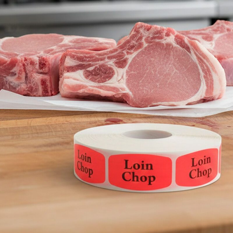 540067-Loin-Chop-Label3 loin chop sticker on a red label with black print