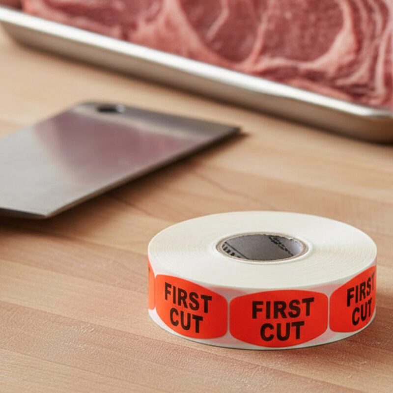 540069-First-Cut-Label first cut sticker on a red label with black print