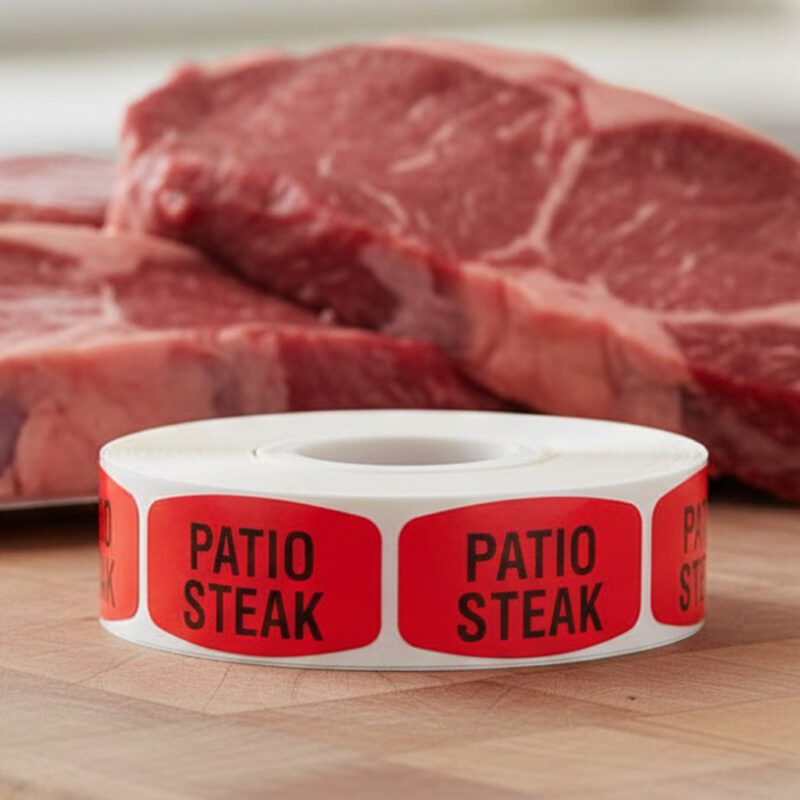 patio steak sticker on a red label with black text
