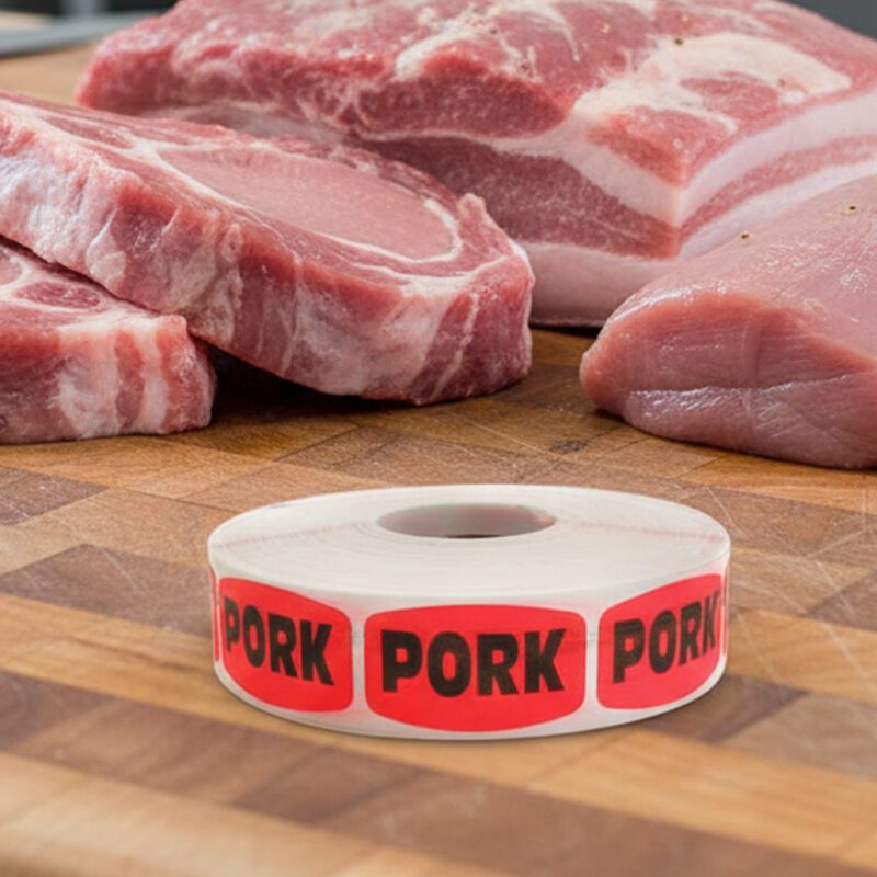 540079-Pork-Label-Butcher-Sticker pork sticker on a red label with black text
