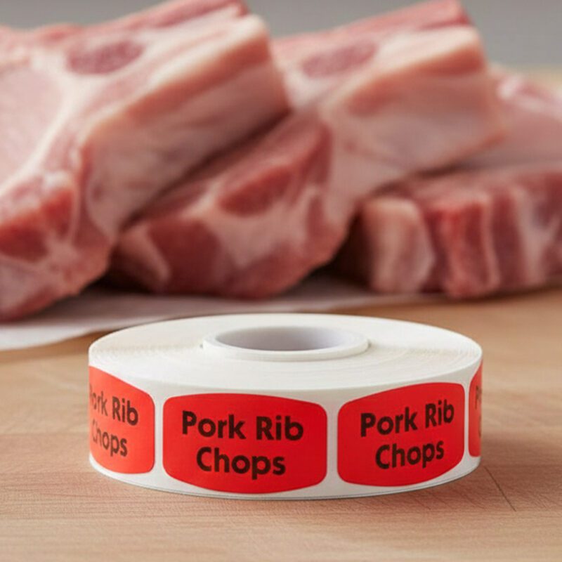 540086-Pork-Rib-Chops-Label pork rib chops sticker on a red label with black text