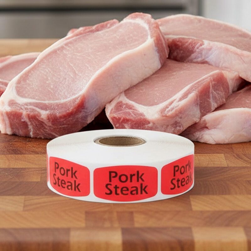 540091-Pork-Steak-Label pork steak sticker on a red label with black text