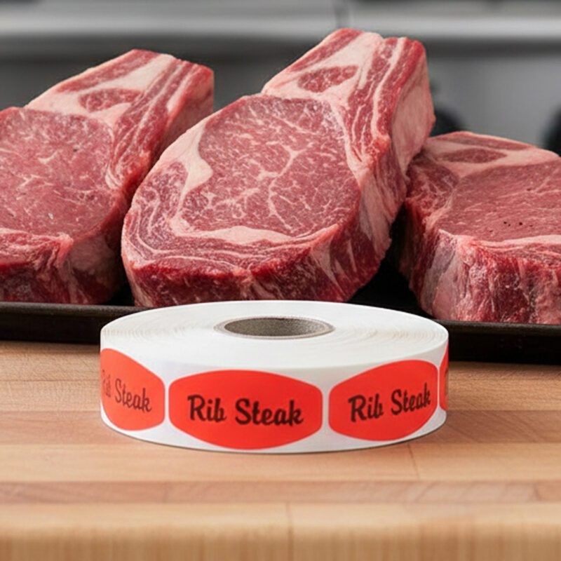 540095-Rib-Steak-Label rib steak sticker on a red label with black text