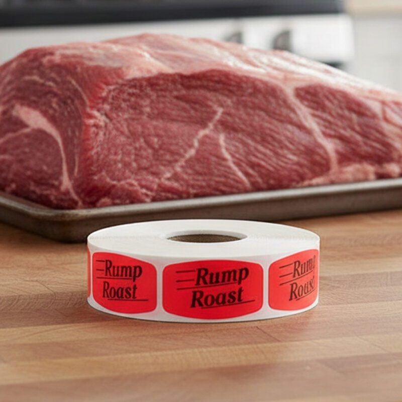 rump roast sticker on a red label with black text
