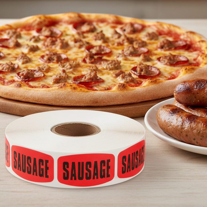 540099-Sausage-Label sausage sticker on a red label with black text