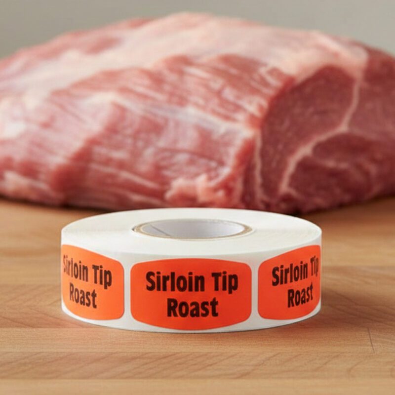540104-Sirloin-Tip-Roast-Label sirloin tip roast sticker on a red label with black text