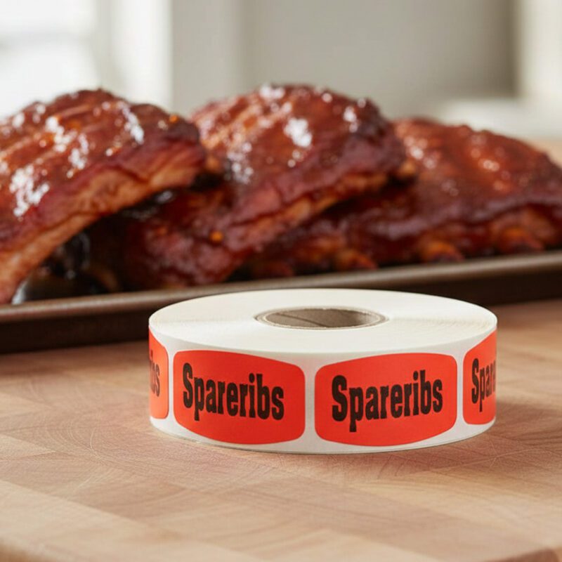540108-Spareribs-Label spareribs sticker on a red label with black text