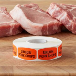 sirloin pork chops sticker on a red label with black text