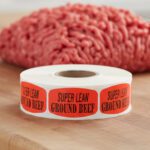super lean ground beef sticker on a red label with black text