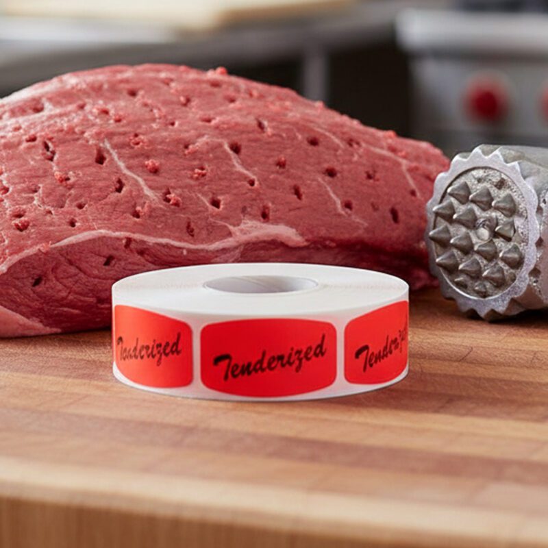 540114-Tenderized-Label-Butcher-Sticker tenderized sticker on a red label with black text