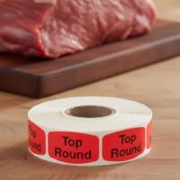 Top Round Butcher sticker red identification label with black print on a roll of stickers