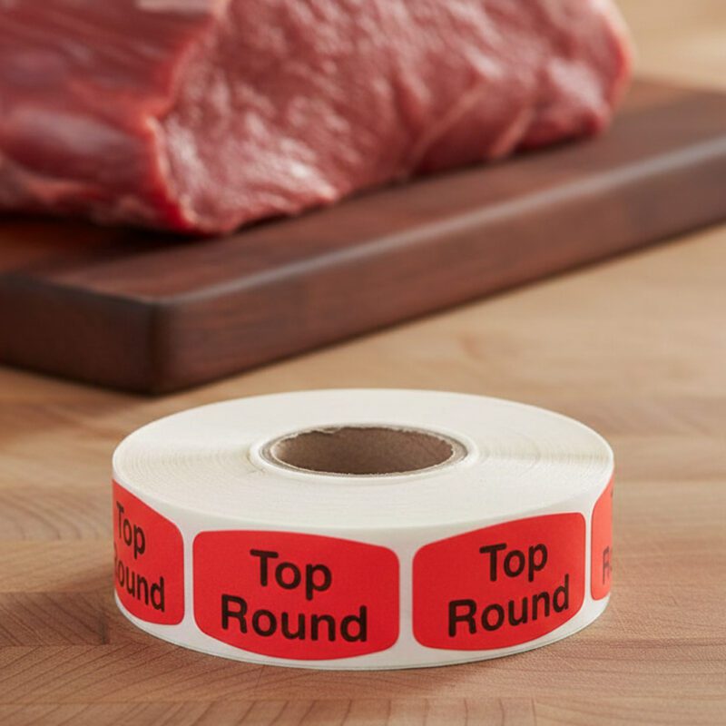540119-Top-Round-Label-Butcher-Sticker Top Round Butcher sticker red identification label with black print on a roll of stickers