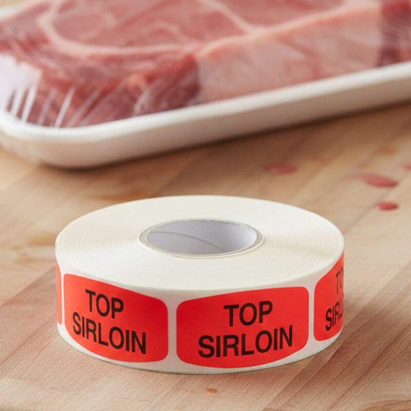 540121-Top-Sirloin-Steak-Label-Butcher-Sticker Top Sirloin Butcher sticker red identification label with black print on a roll of stickers