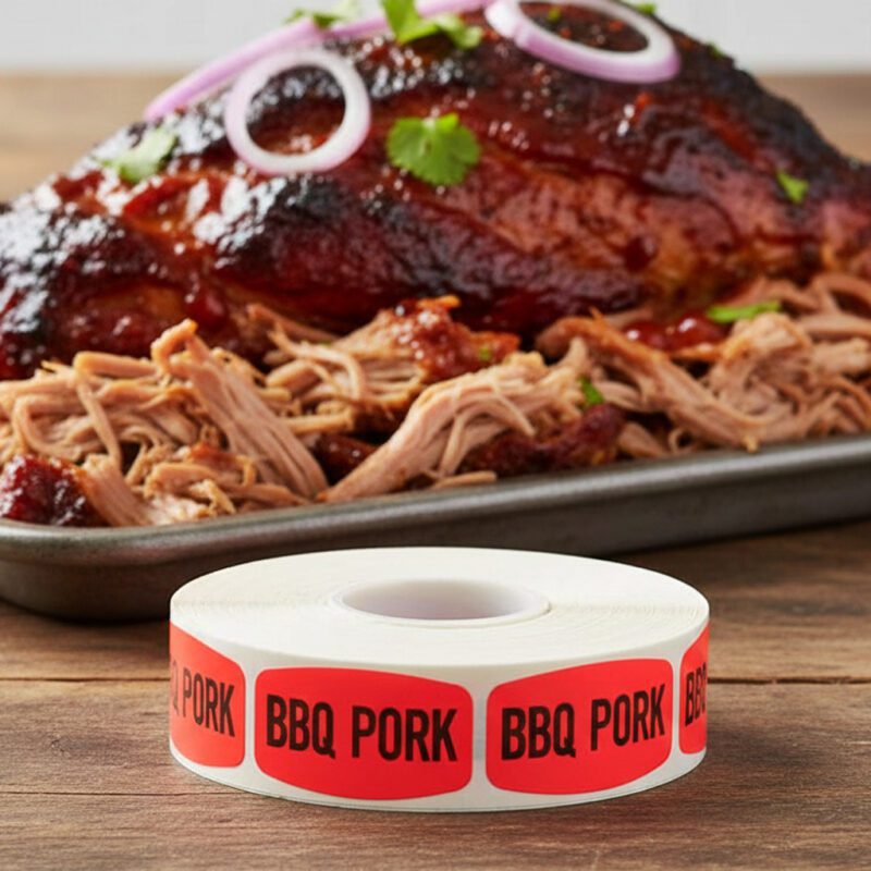 BBQ pork label on rectangular red label on roll of stickers