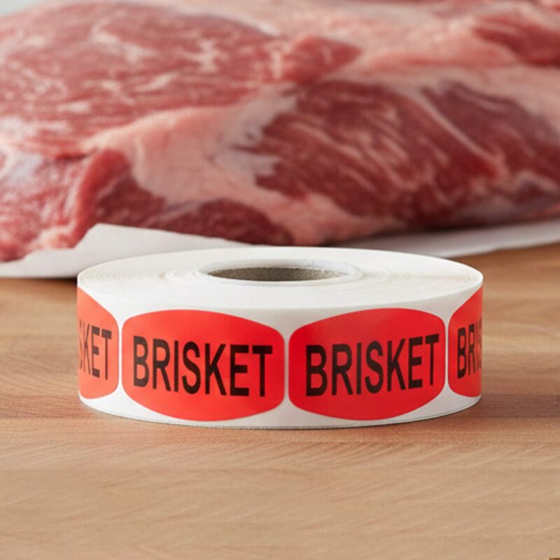 brisket sticker on a red label with black print