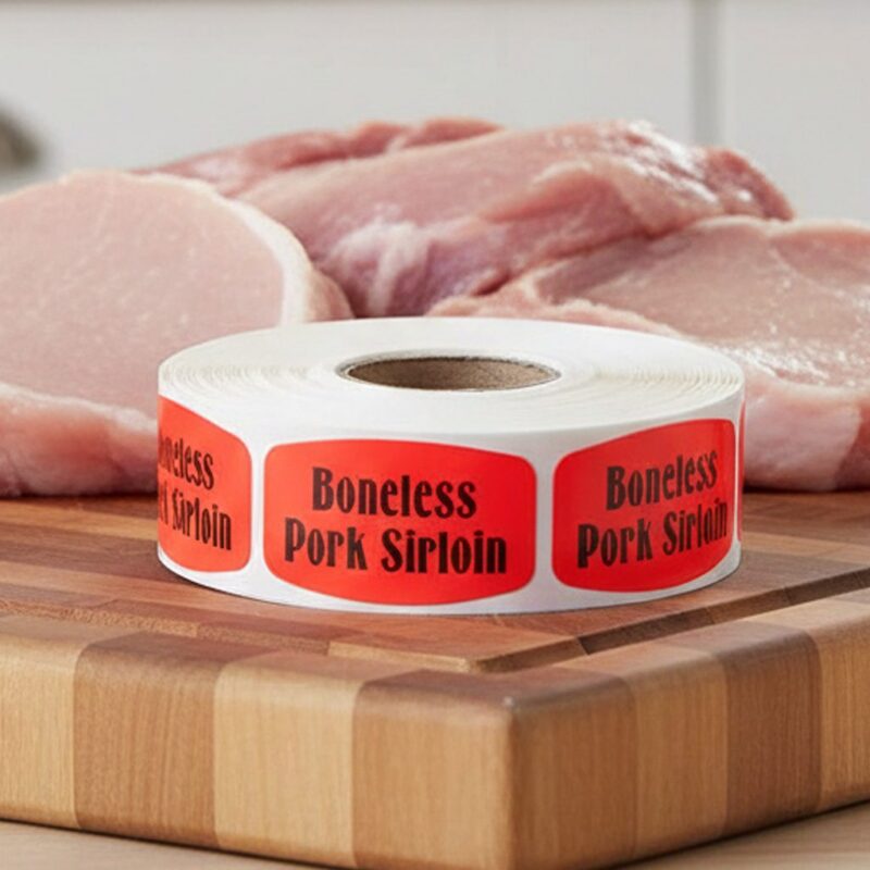 540177-Boneless-Pork-Sirloin-Label boneless pork sirloin sticker on a red label with black print