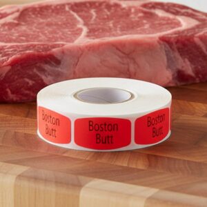boston butt sticker on a red label with black print