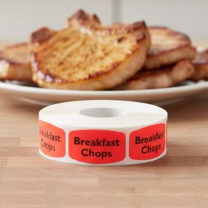 breakfast chops sticker on a red label with black print