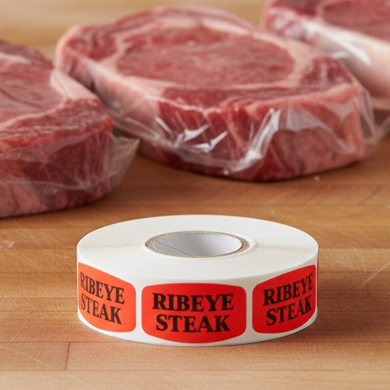 540218-Rib-Eye-Steak-Label ribeye steak sticker on a red label with black text