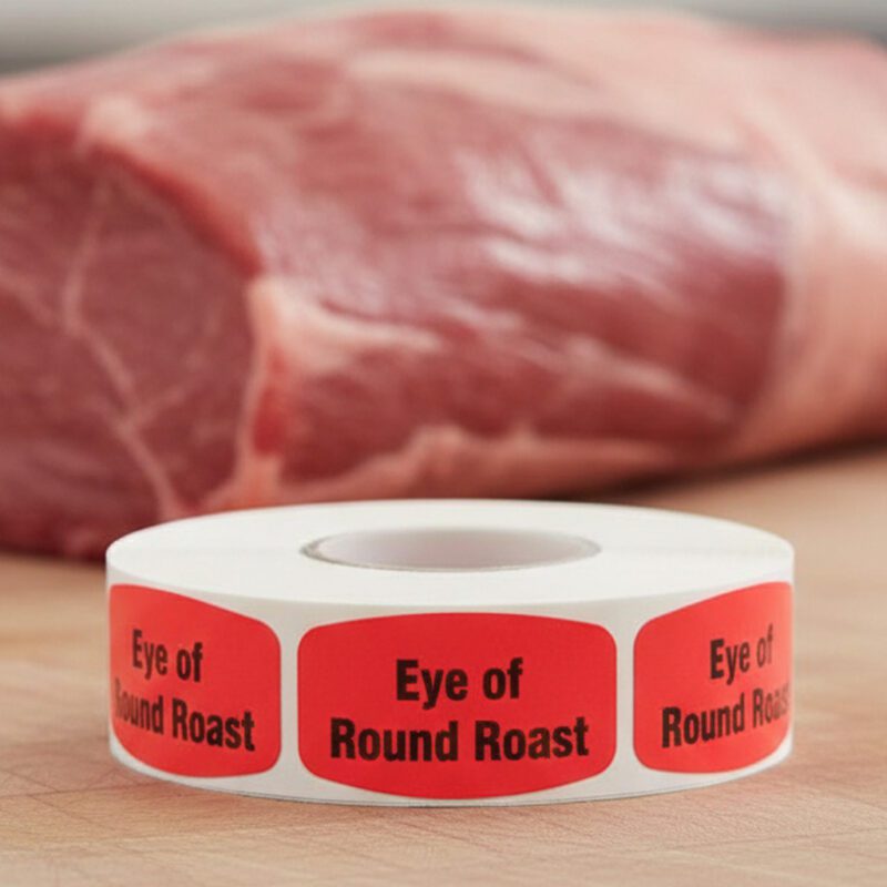 540239-Eye-of-Round-Roast-Label eye of round roast sticker on a red label with black print
