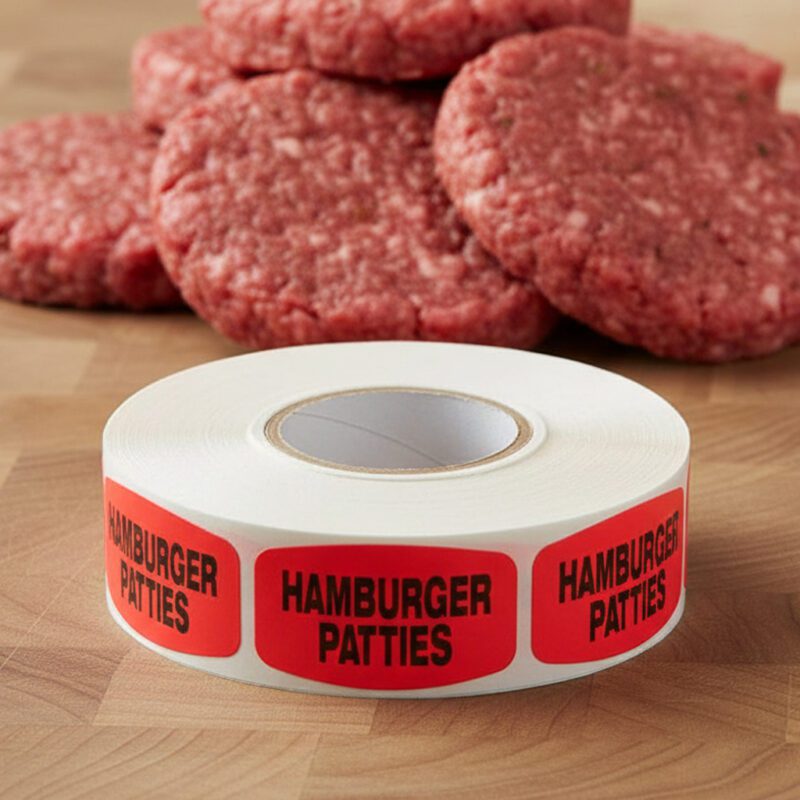 540267-Hamburger-Patties-Label hamburger patties sticker on a red label with black print