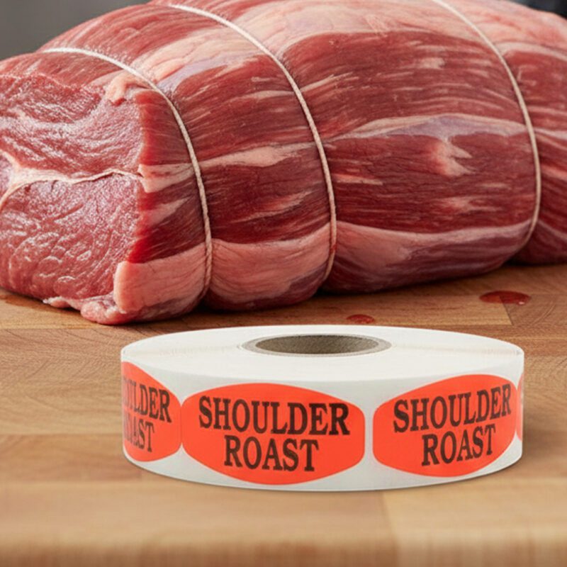 540330-Shoulder-Roast-Label shoulder roast sticker on a red label with black text