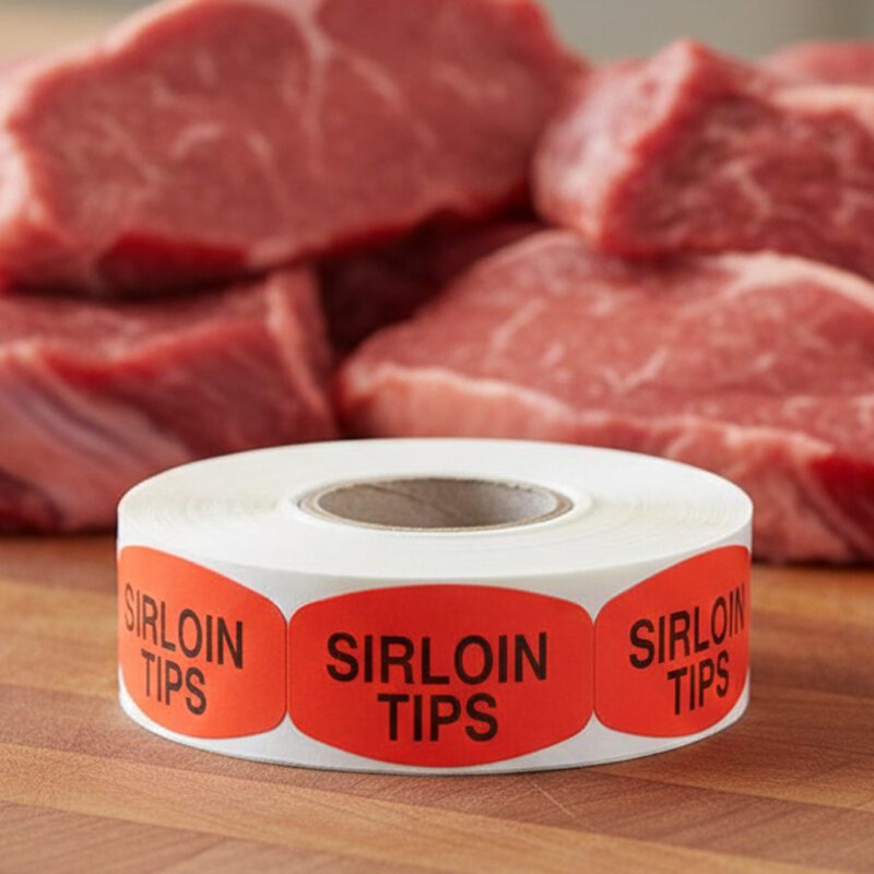 540335-Sirloin-Tip-Label sirloin tip sticker on a red label with black text