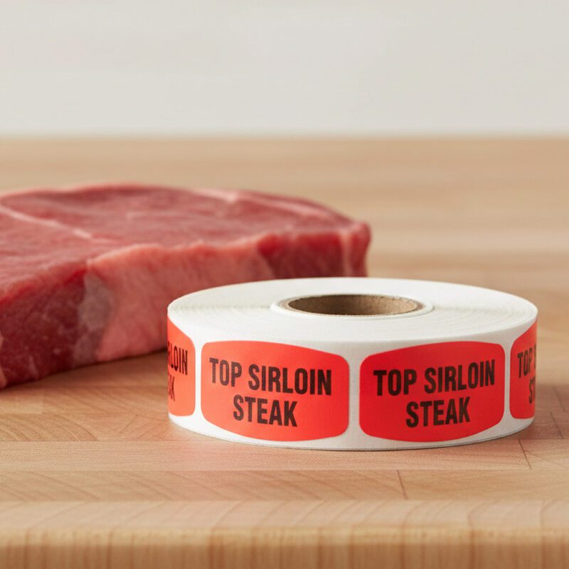 540361-Top-Sirloin-Steak-Label-Butcher-Sticker Top sirloin Steak sticker on a red label with black print