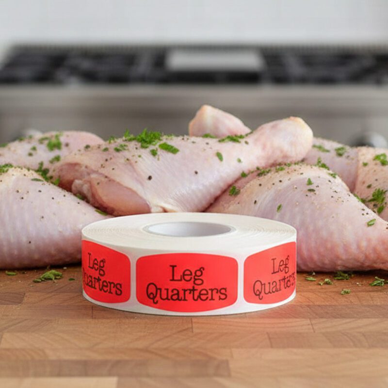 550032-Leg-Quarters-Label-Butcher-Sticker chicken leg quarters sticker on a red label with black print