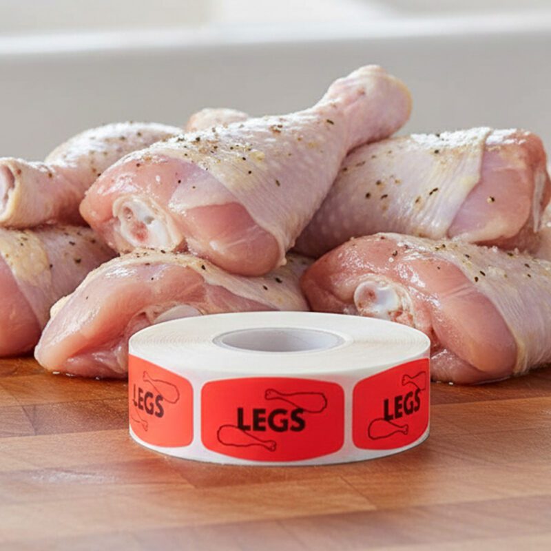 550033-Legs-Label-Butcher-Sticker2 chicken legs sticker on a red label with black print