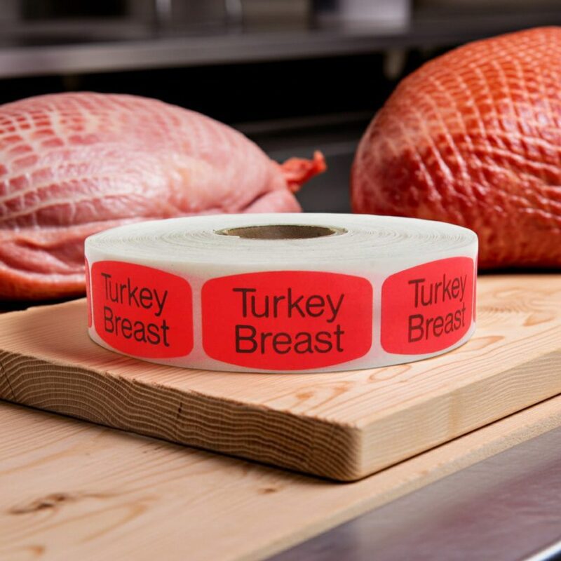 550052-Turkey-Breast-Label-Butcher-Sticker Turkey Breast sticker red identification label with black print on a roll of stickers