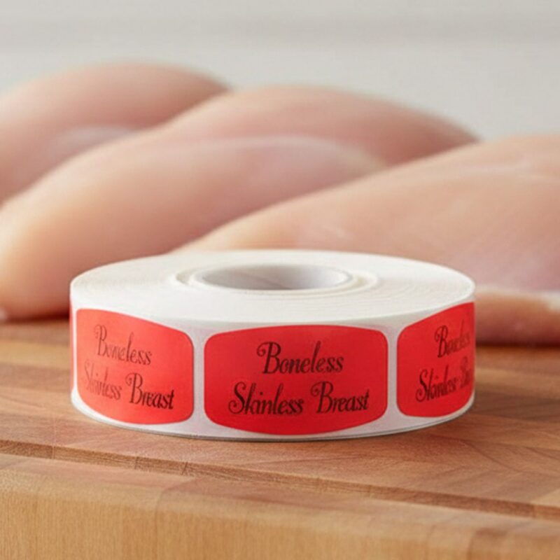 boneless skinless breast sticker on a red label with black print