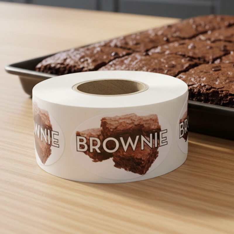 brownie sticker with brownies shown on the label