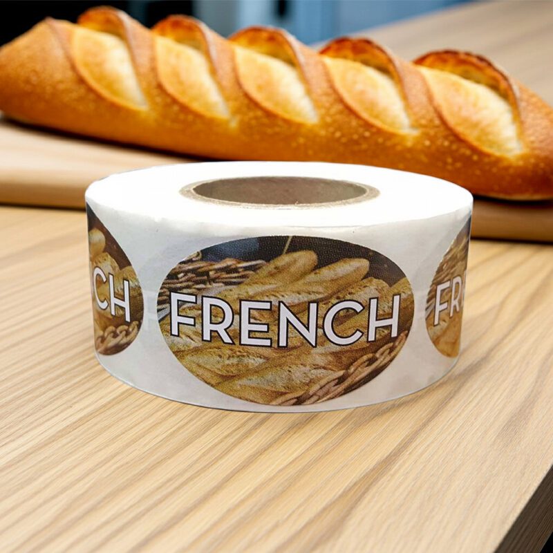 french bread sticker showing french bread in the background with the word french in white in the foreground